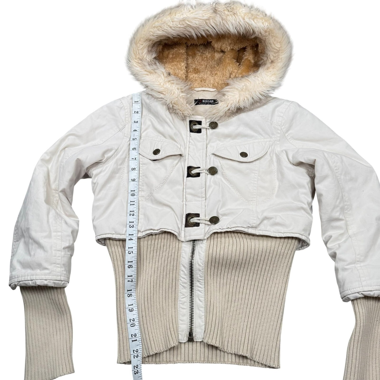 Morgan Vintage Y2K Hooded Jacket Ribbed Cream Faux Fur Small
