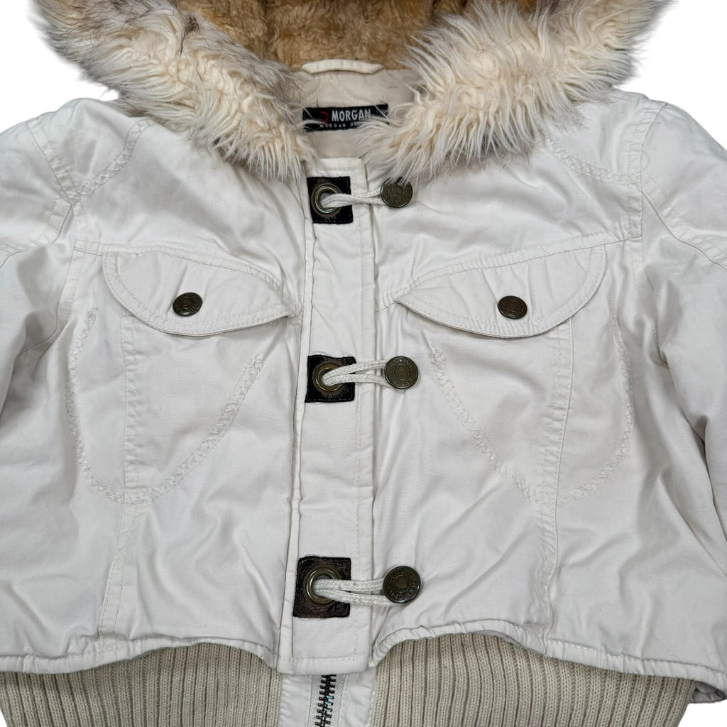 Morgan Vintage Y2K Hooded Jacket Ribbed Cream Faux Fur Small