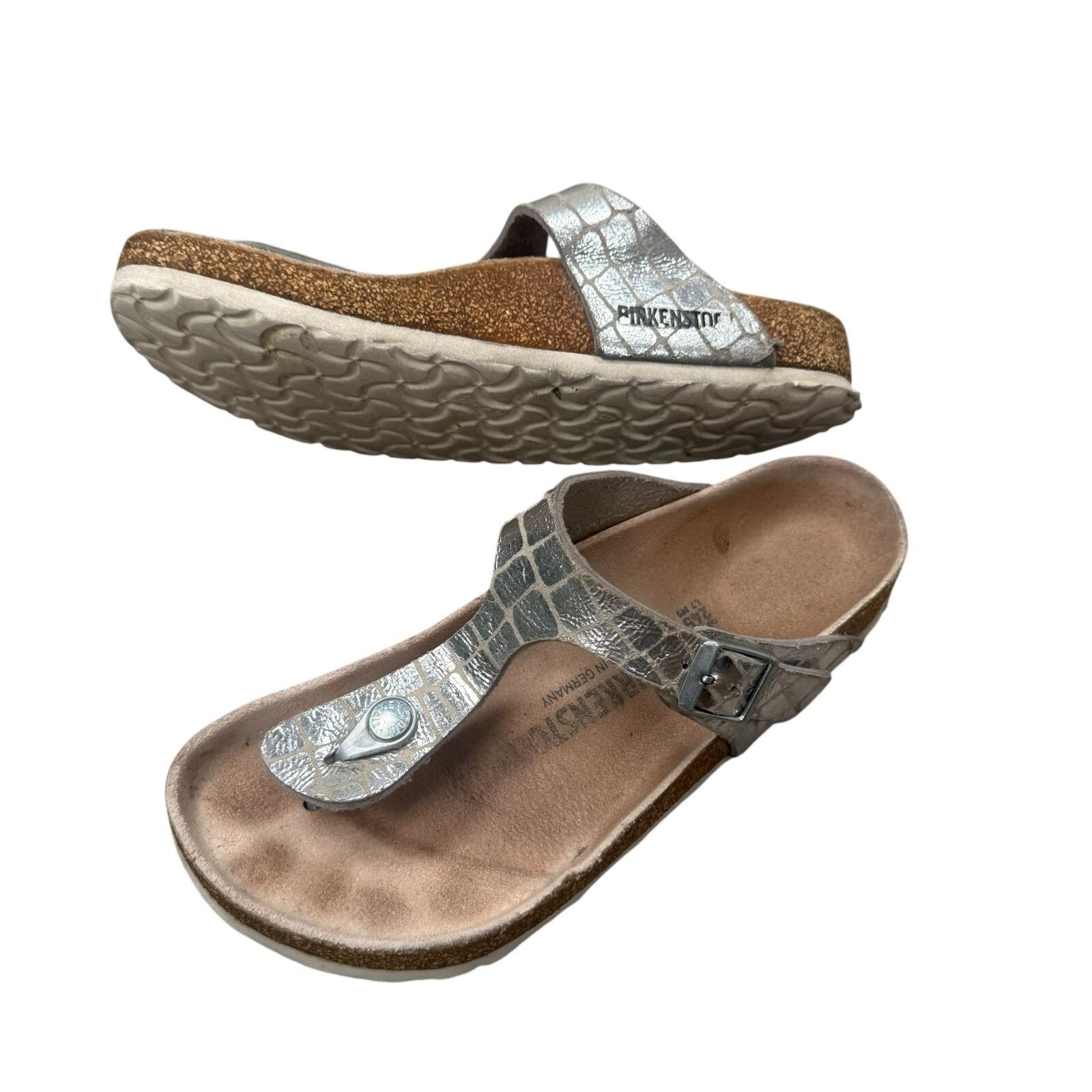 Birkenstock Gizeh Sandals Croc Effect Birko-Flor Silver Size 5