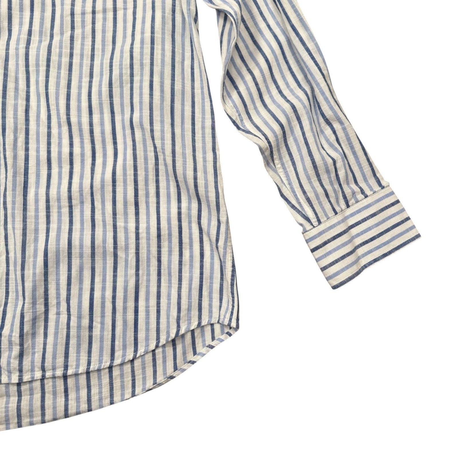 Barbour Button Down Shirt Long Sleeve Blue and White Striped Large