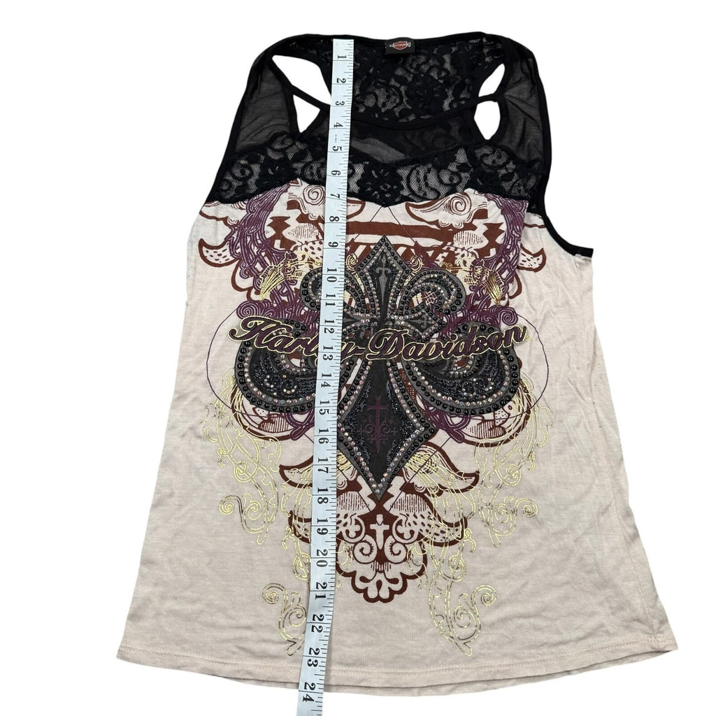 Harley-Davidson Y2K Tank Top Lace Rhinestone Cream Black Graphic Large