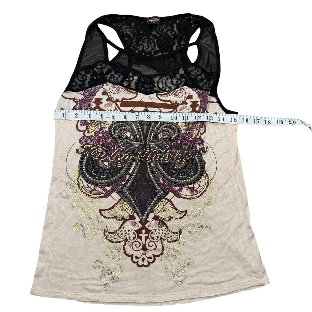 Harley-Davidson Y2K Tank Top Lace Rhinestone Cream Black Graphic Large