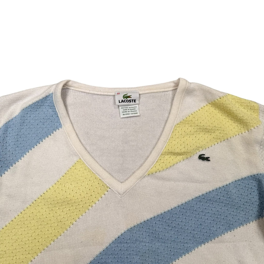 Lacoste Y2K V-Neck Knit Jumper Cream Cotton Blue Yellow Large