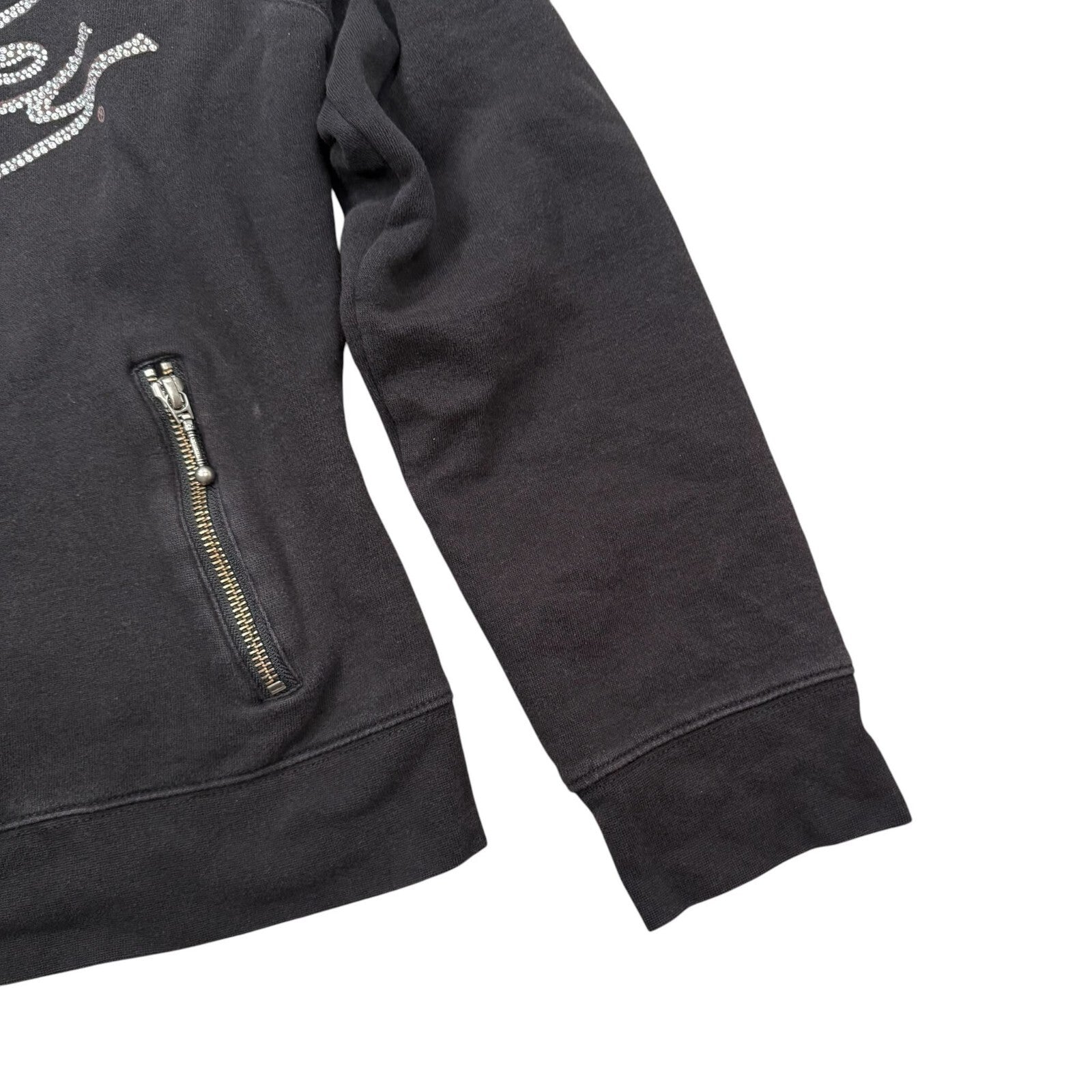 Harley-Davidson Y2K Hooded Jacket Zip Up Rhinestone Black Small