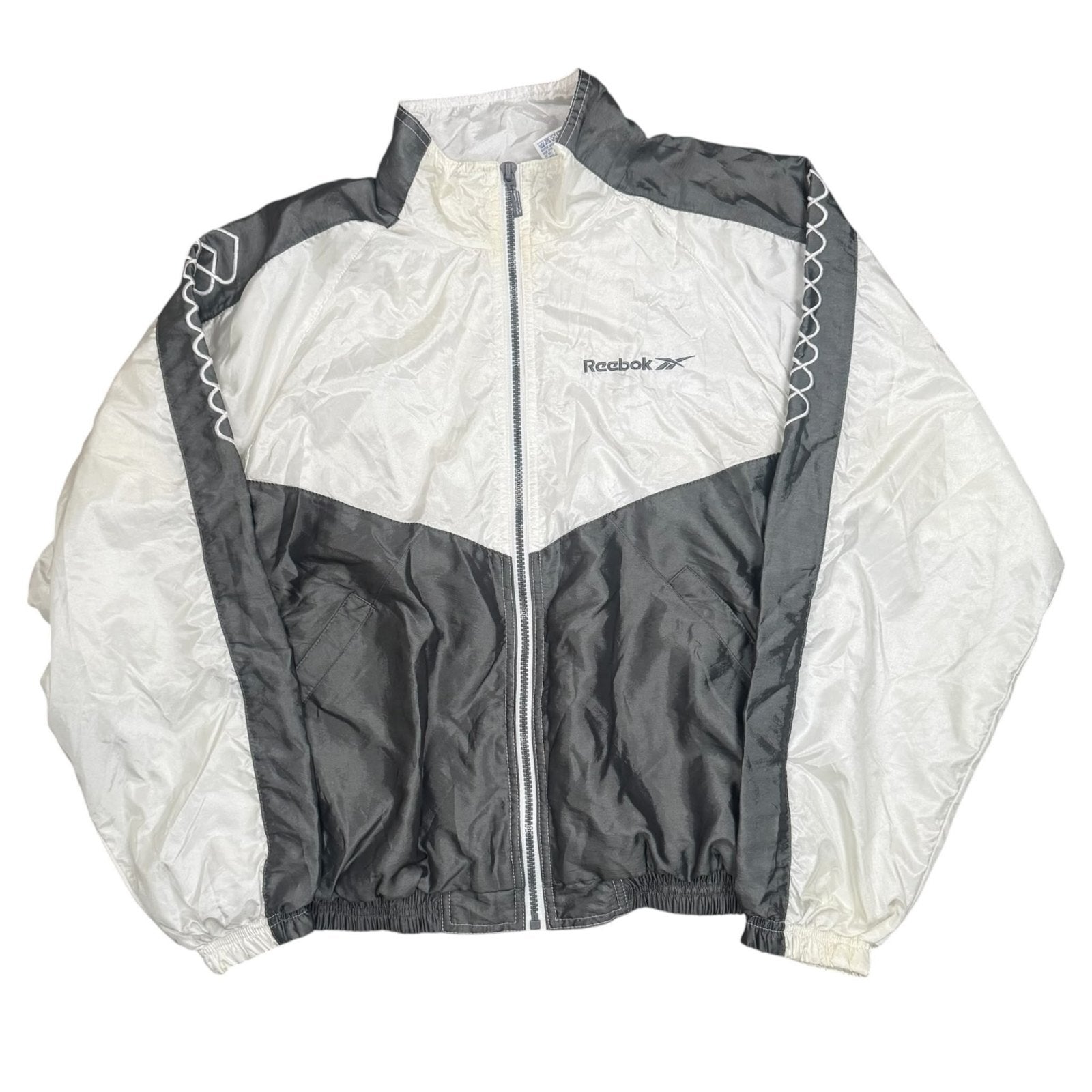 Reebok Vintage Y2K Windbreaker Jacket Full Zip Up White Grey Medium