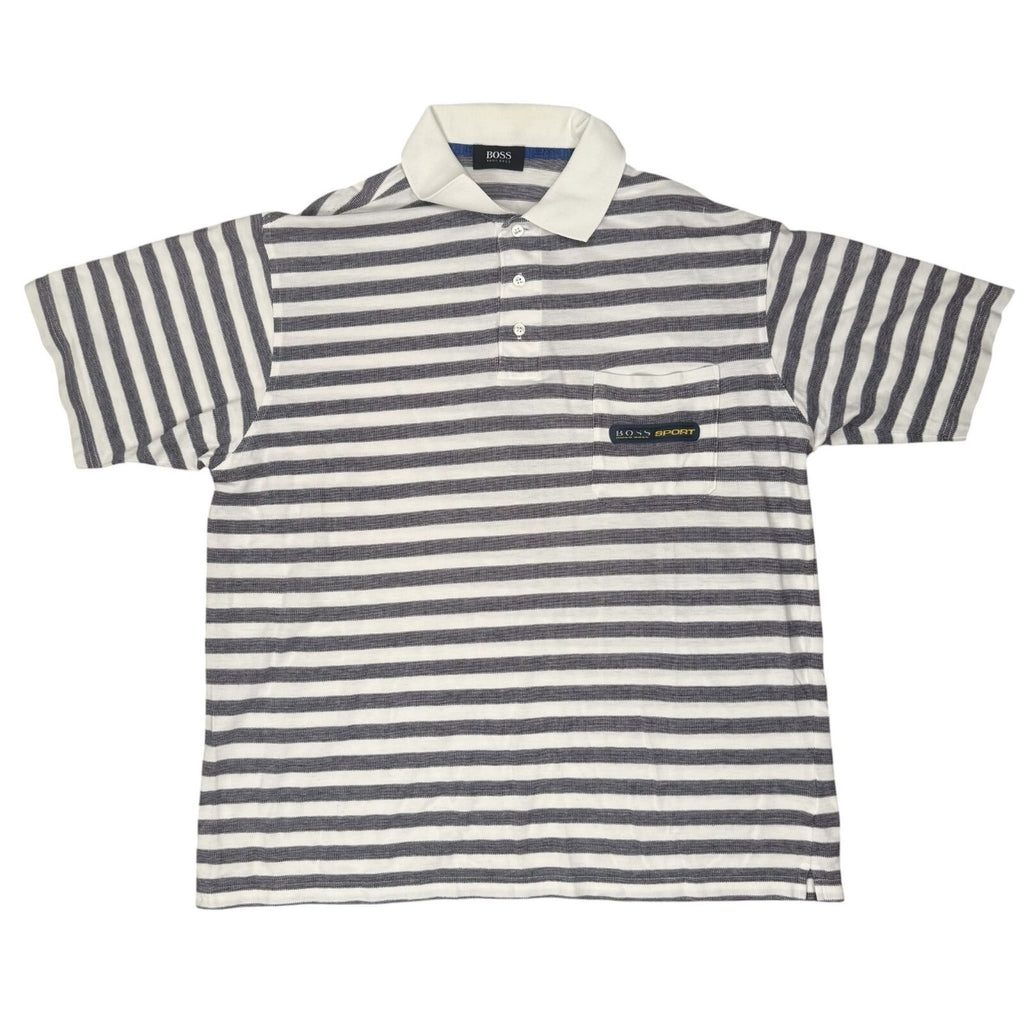 BOSS Sport Hugo Boss Vintage Polo Shirt Striped Cotton White and Grey XL