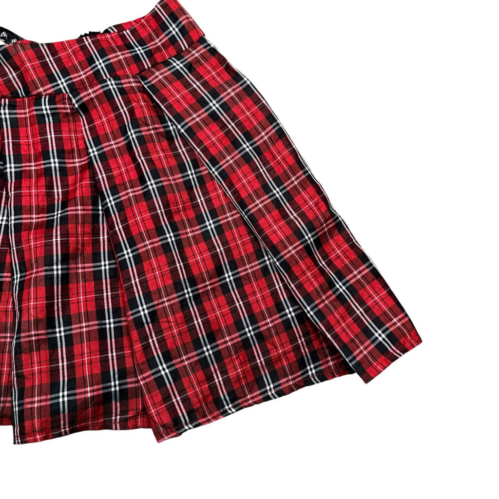 Tartan Y2K Pleated Mini Skirt Chain Punk Goth Plaid Red Black Waist 26 in
