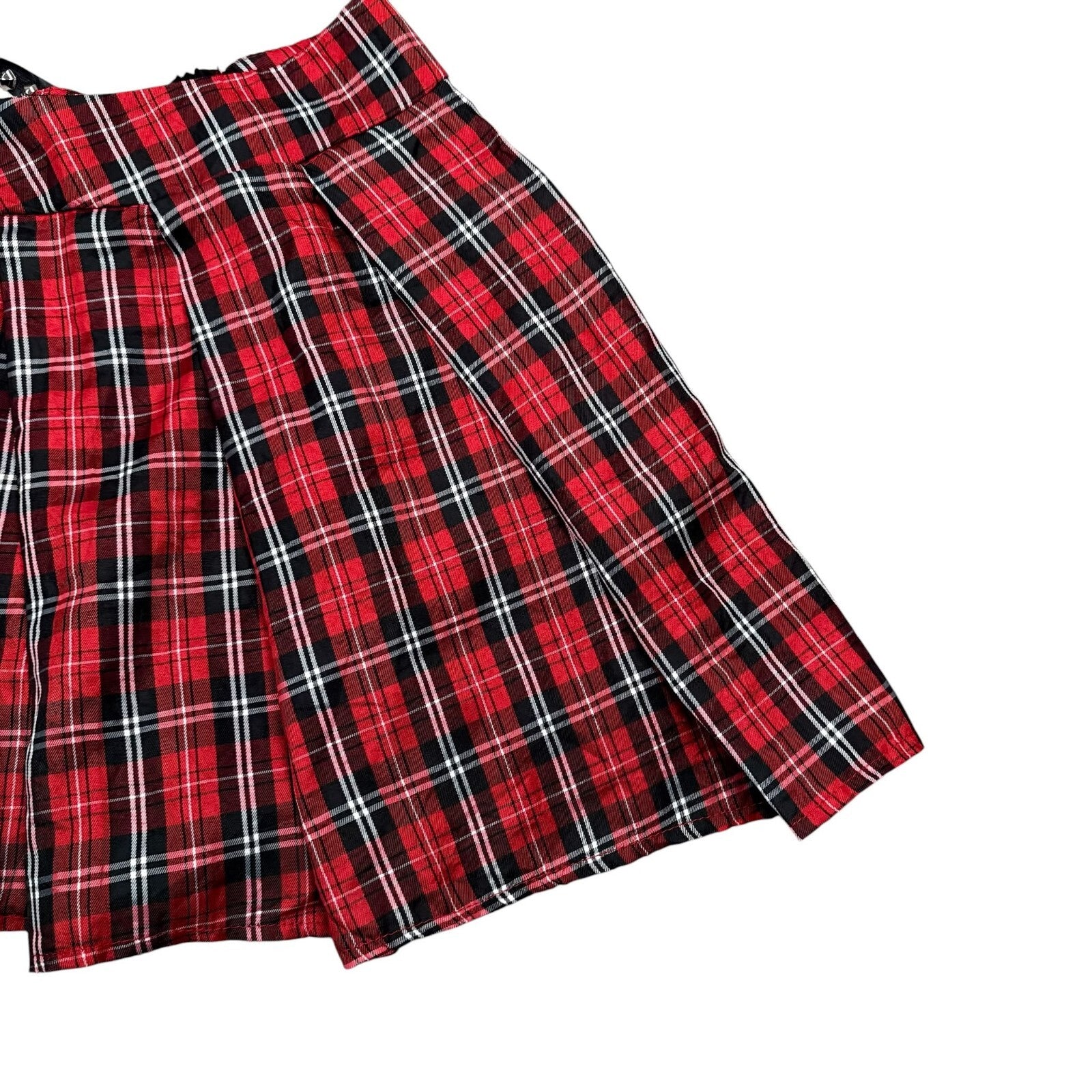 Tartan Y2K Pleated Mini Skirt Chain Punk Goth Plaid Red Black Waist 26 in