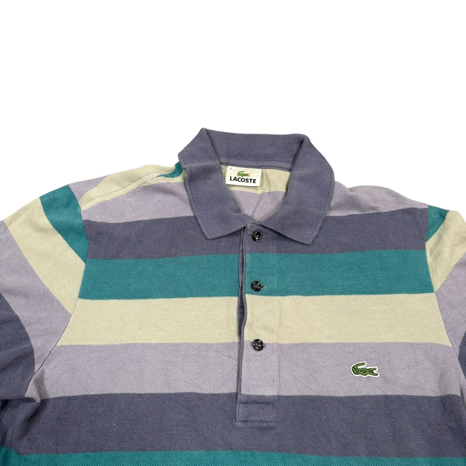 Lacoste Y2K Polo Shirt Striped Short Sleeve Grey and Purple Teal Small