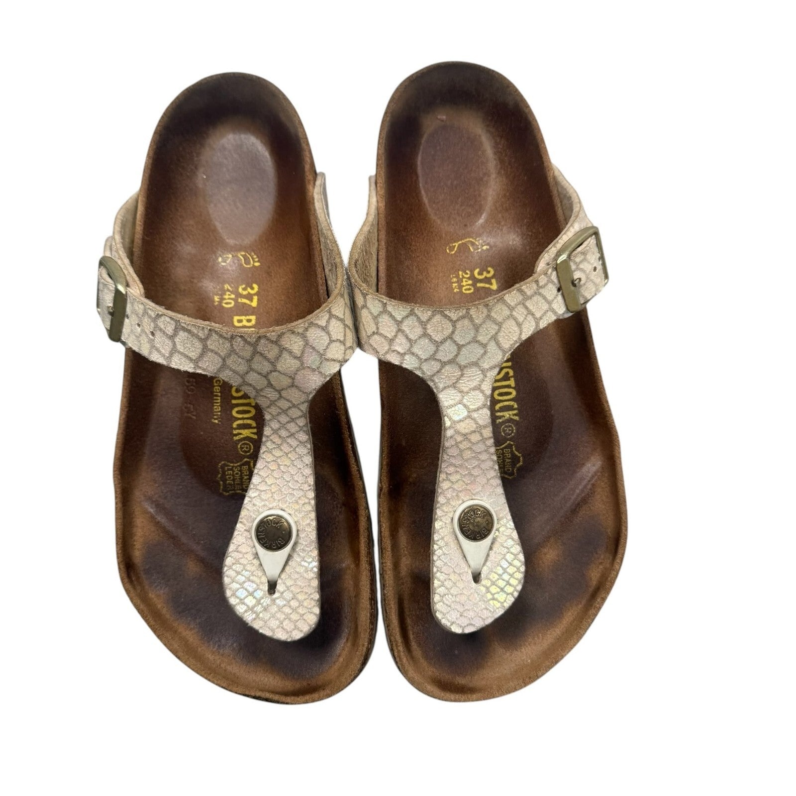 Birkenstock Gizeh Sandals Pearl White Iridescent Snake Print Size 6