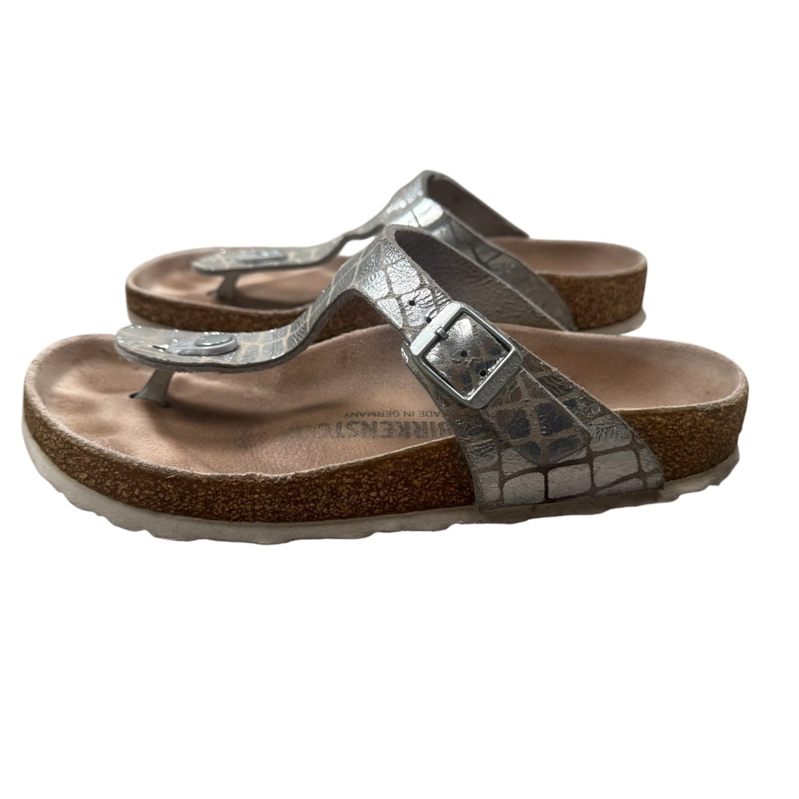 Birkenstock Gizeh Sandals Croc Effect Birko-Flor Silver Size 5