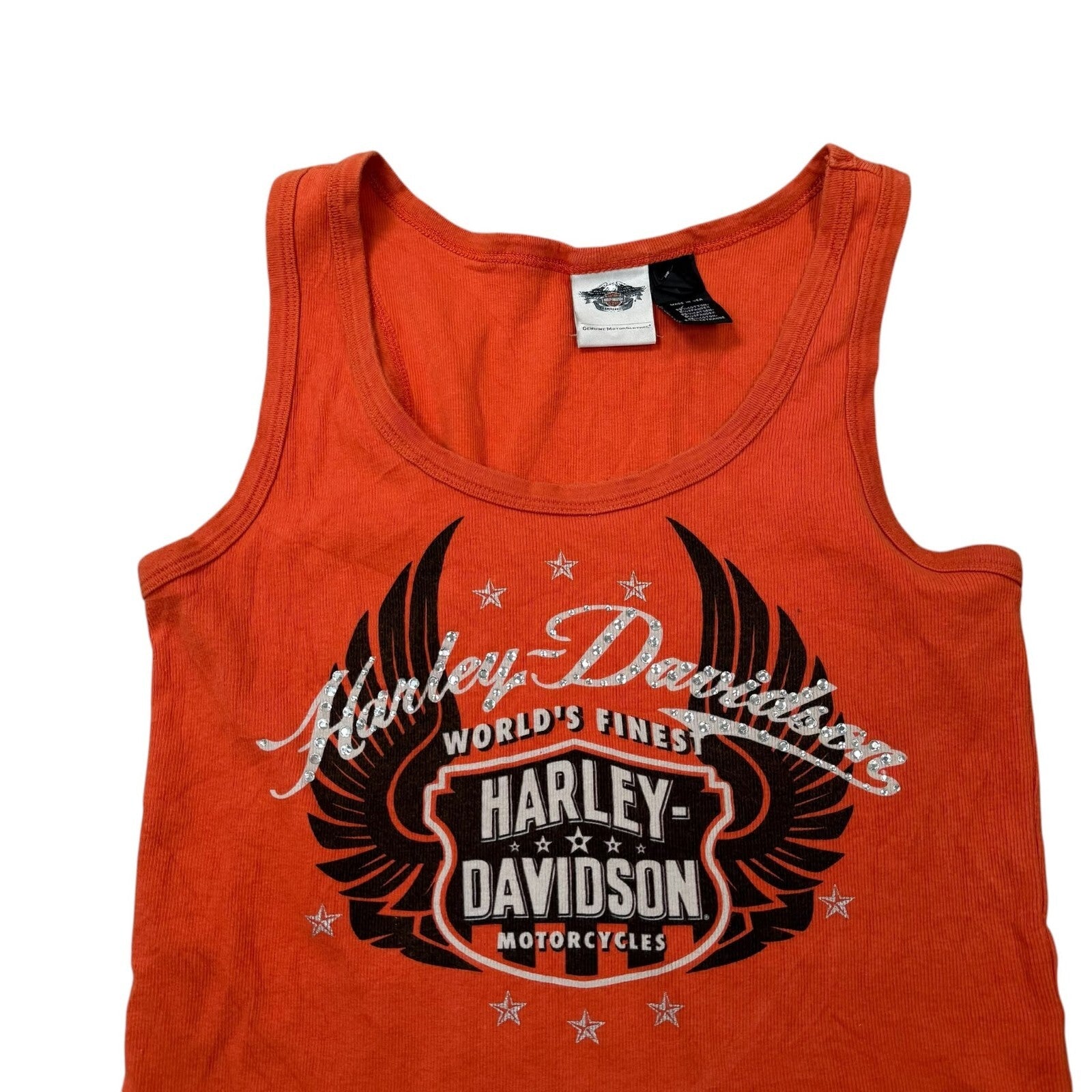 Harley-Davidson Y2K Tank Top Orange Biker Graphic Large