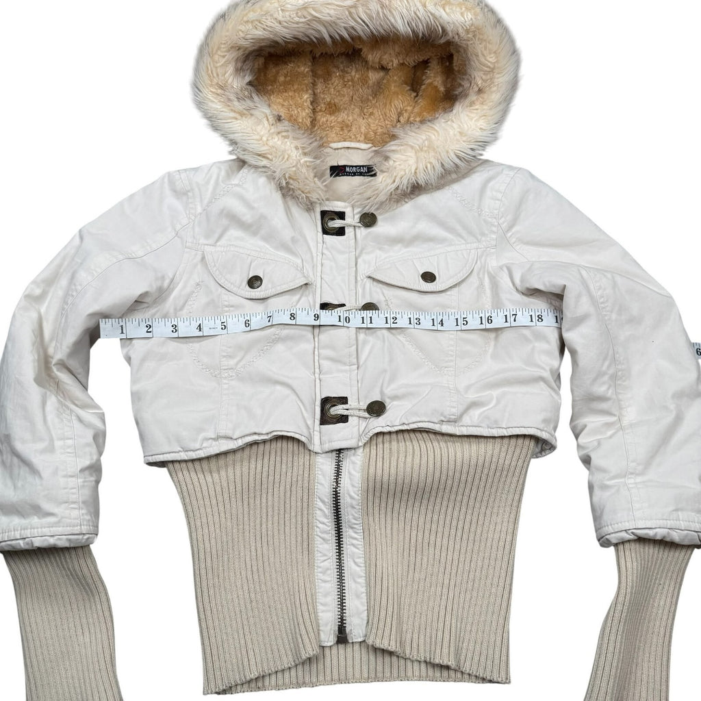 Morgan Vintage Y2K Hooded Jacket Ribbed Cream Faux Fur Small