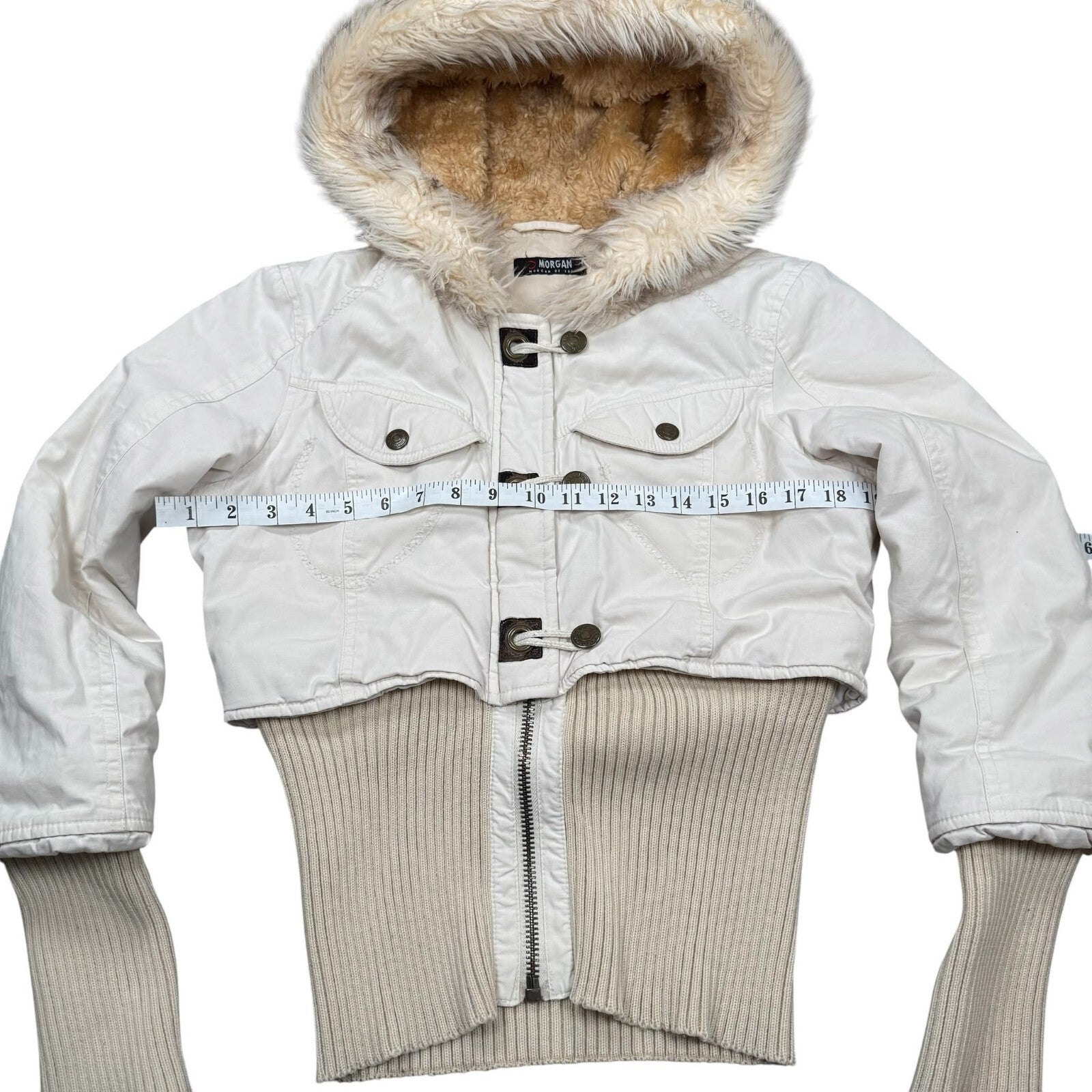 Morgan Vintage Y2K Hooded Jacket Ribbed Cream Faux Fur Small