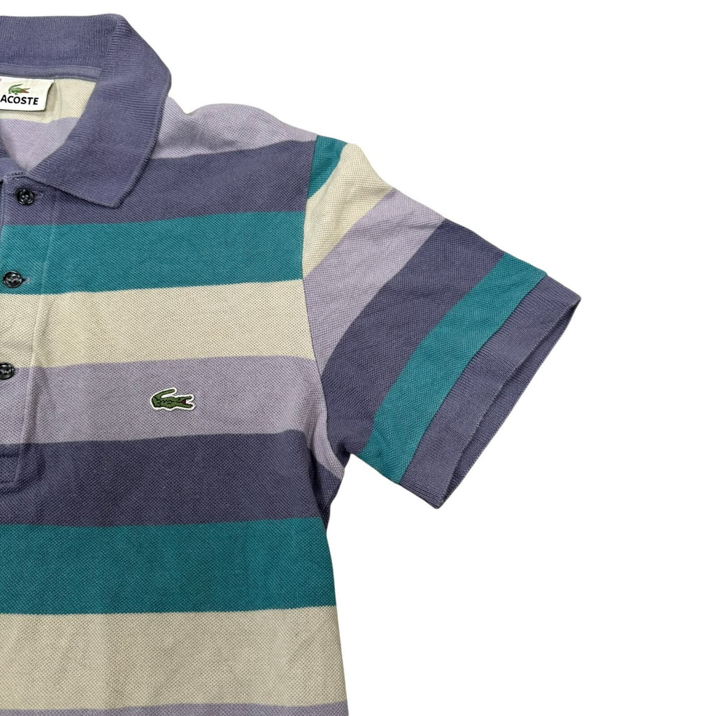 Lacoste Y2K Polo Shirt Striped Short Sleeve Grey and Purple Teal Small