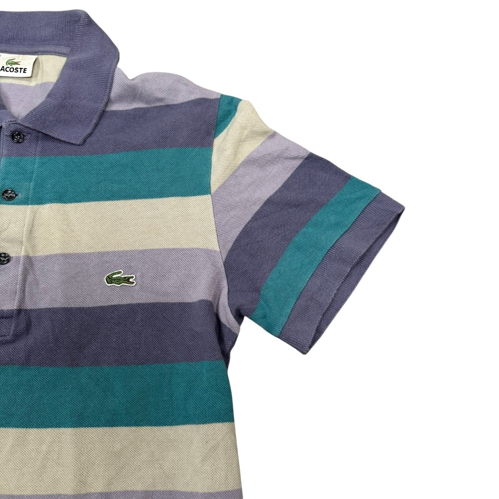 Lacoste Y2K Polo Shirt Striped Short Sleeve Grey and Purple Teal Small