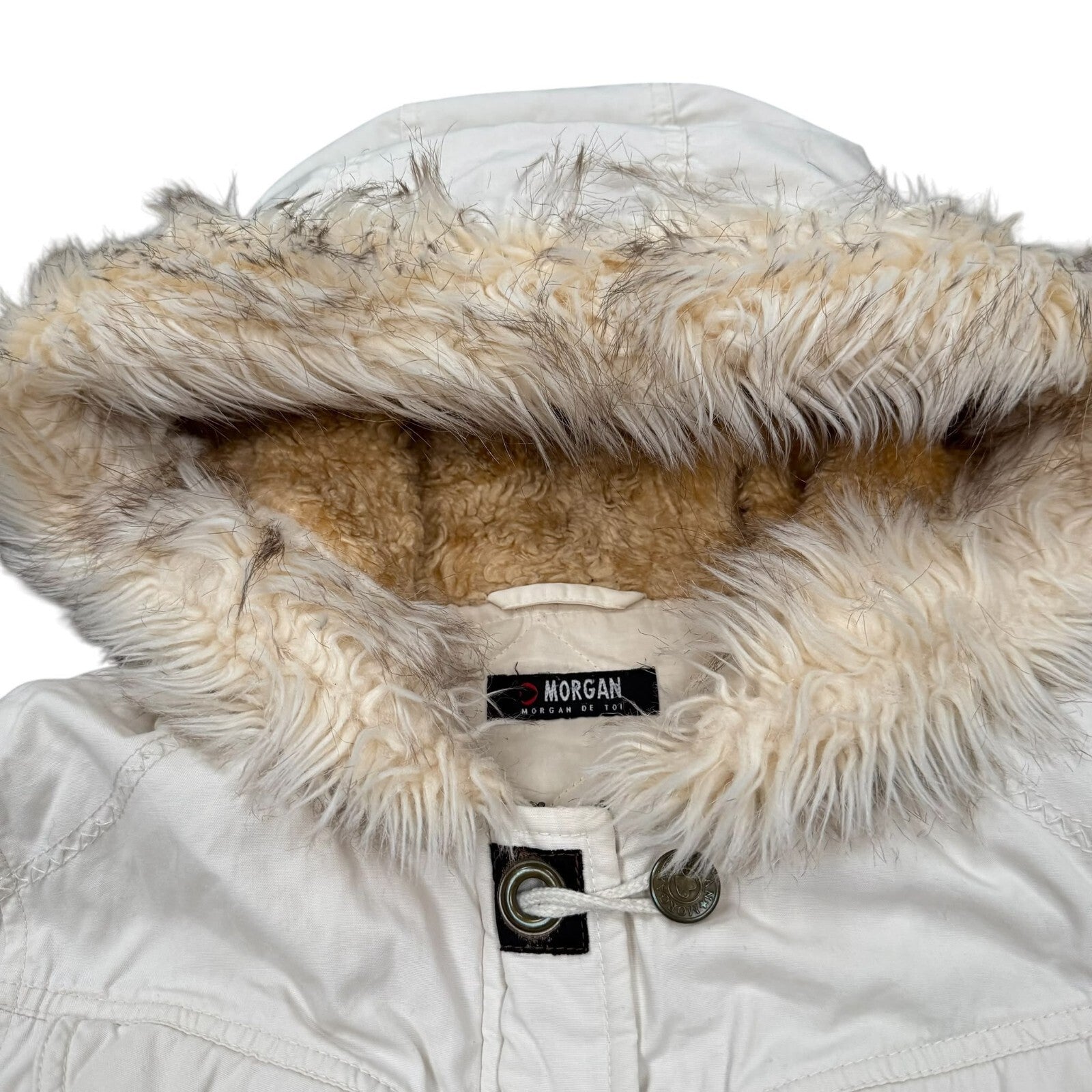 Morgan Vintage Y2K Hooded Jacket Ribbed Cream Faux Fur Small
