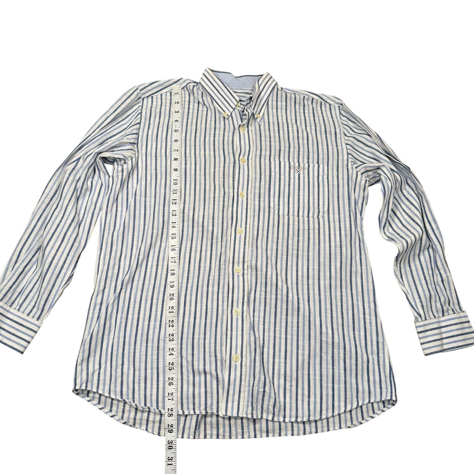 Barbour Button Down Shirt Long Sleeve Blue and White Striped Large