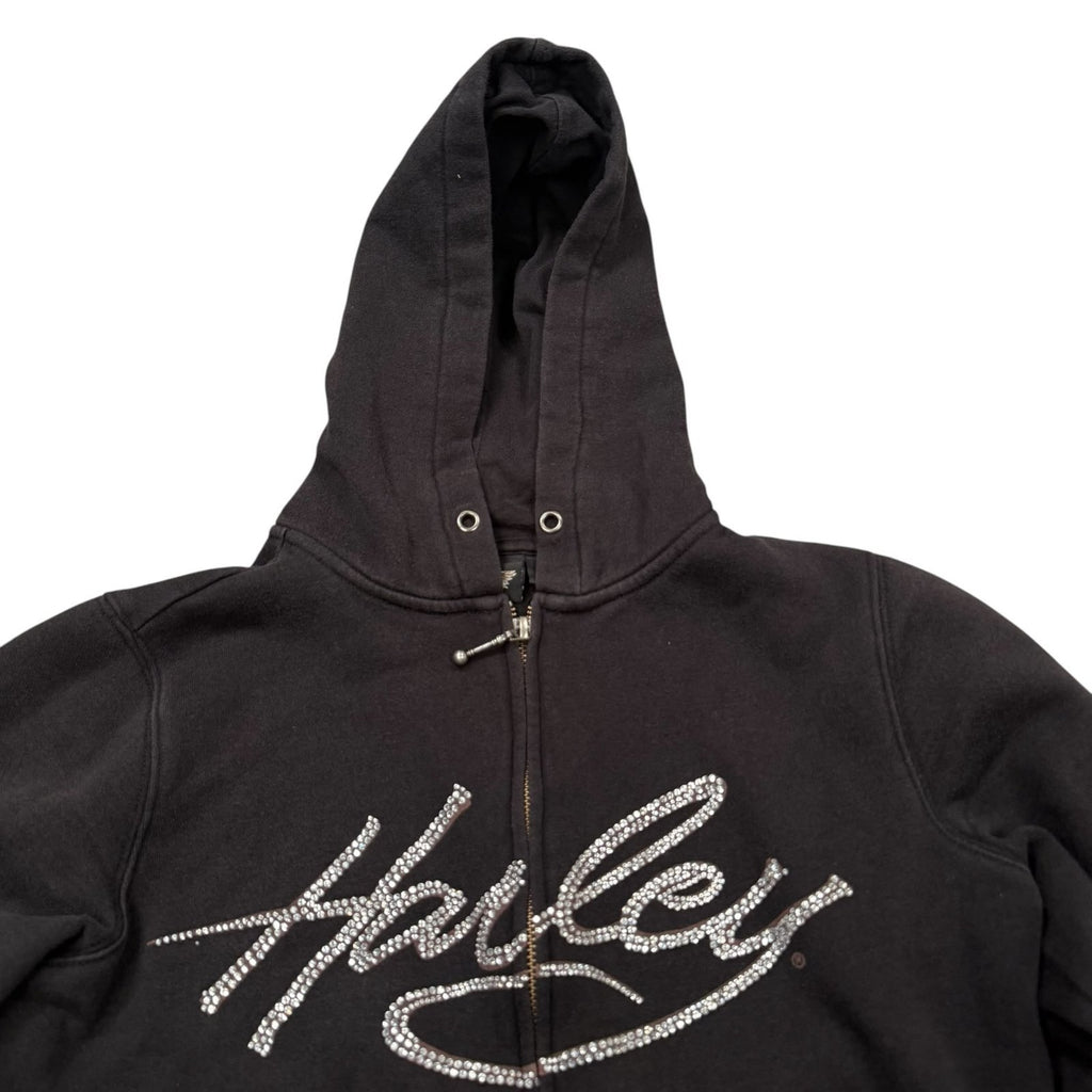 Harley-Davidson Y2K Hooded Jacket Zip Up Rhinestone Black Small