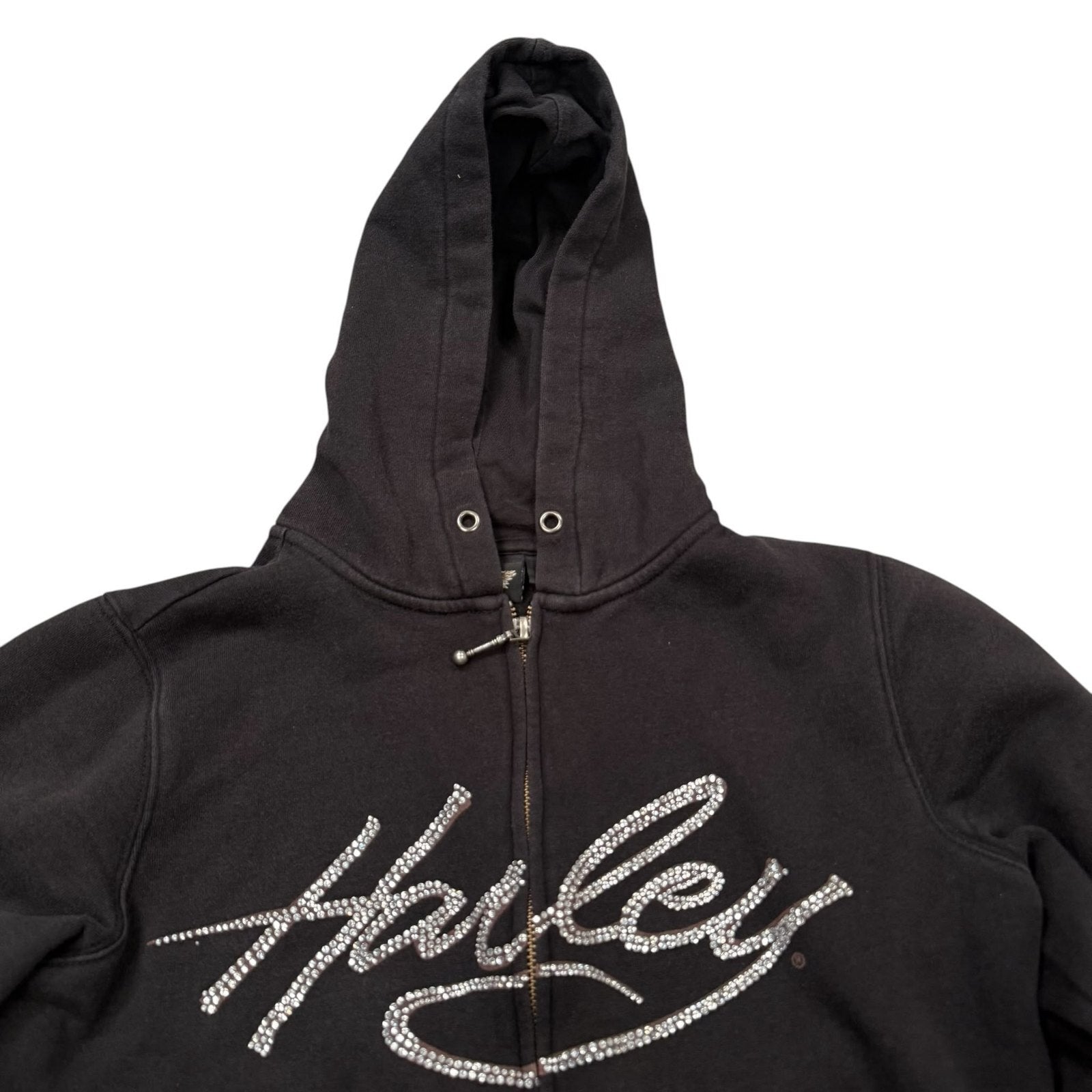 Harley-Davidson Y2K Hooded Jacket Zip Up Rhinestone Black Small