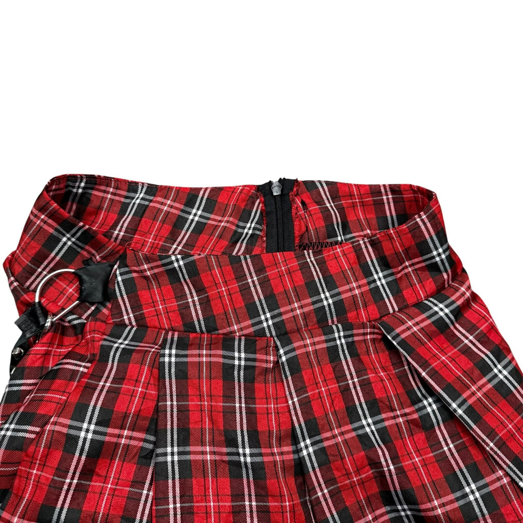 Tartan Y2K Pleated Mini Skirt Chain Punk Goth Plaid Red Black Waist 26 in