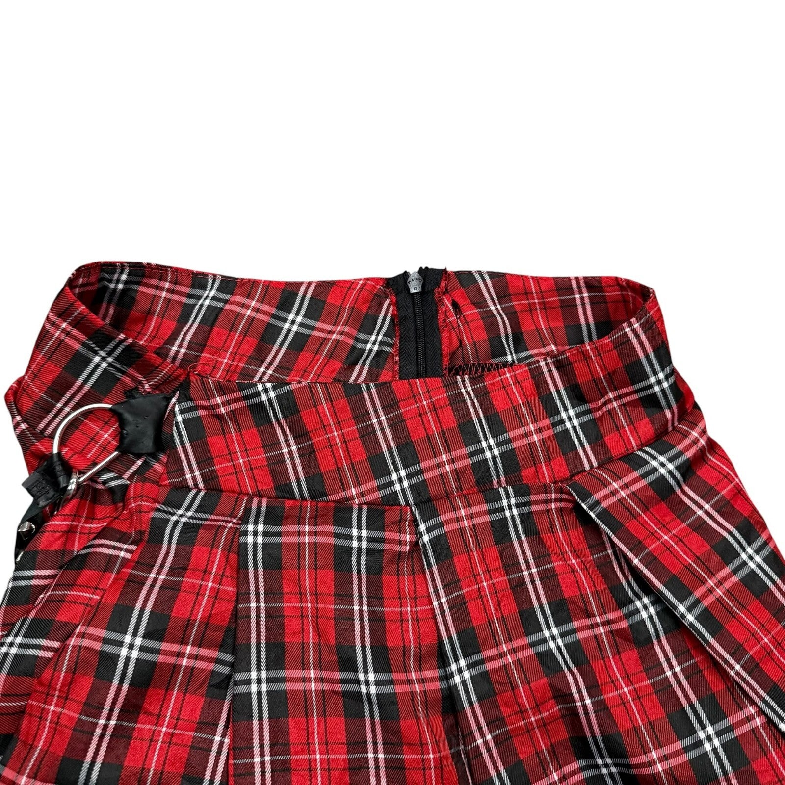 Tartan Y2K Pleated Mini Skirt Chain Punk Goth Plaid Red Black Waist 26 in