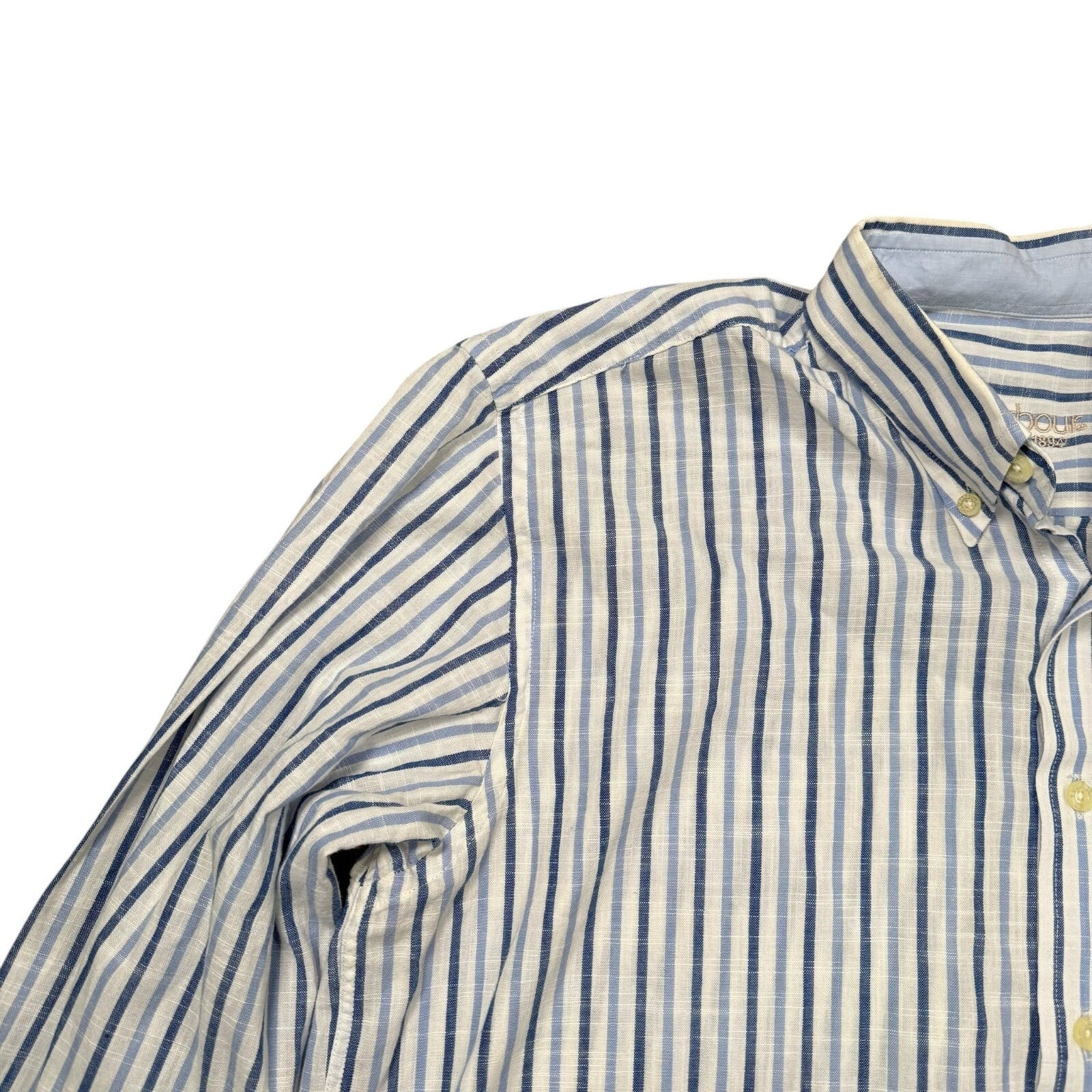 Barbour Button Down Shirt Long Sleeve Blue and White Striped Large