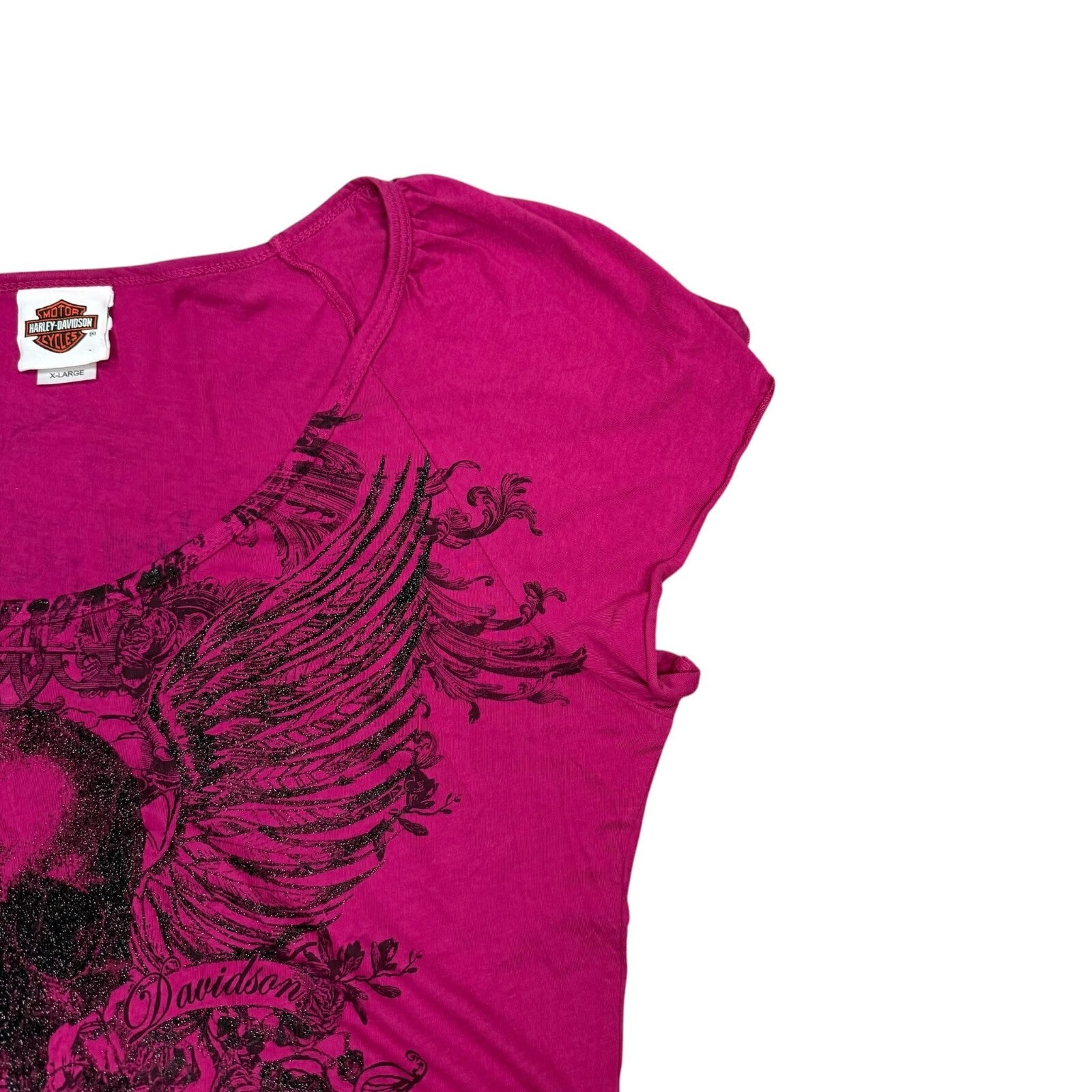 Harley Davidson Y2K T-Shirt Skull Wings Graphic Pink Medium