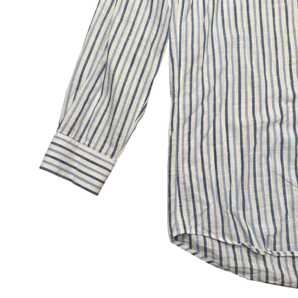Barbour Button Down Shirt Long Sleeve Blue and White Striped Large