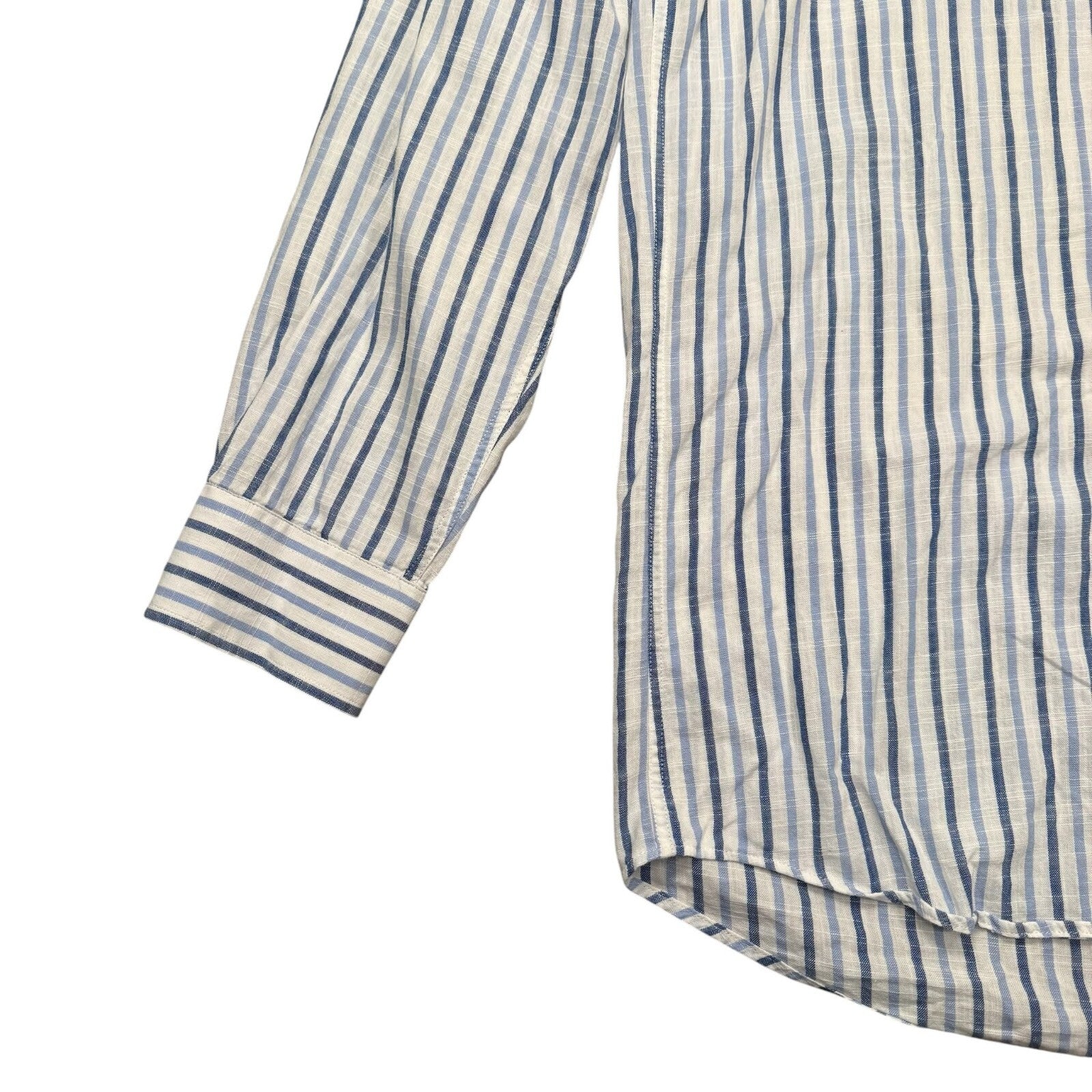 Barbour Button Down Shirt Long Sleeve Blue and White Striped Large