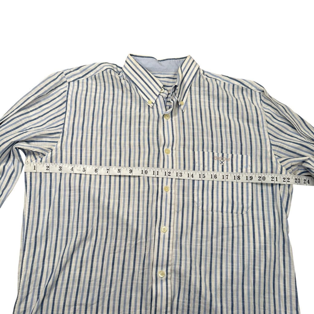 Barbour Button Down Shirt Long Sleeve Blue and White Striped Large