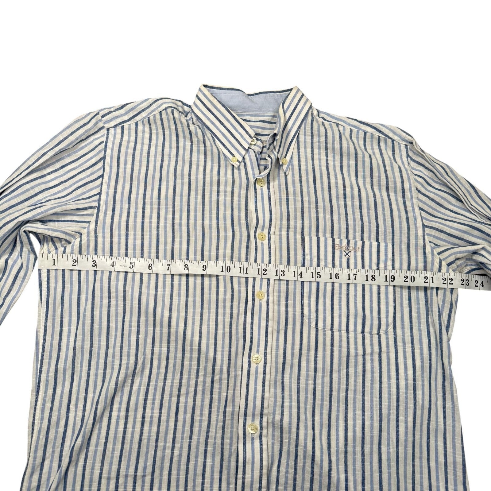 Barbour Button Down Shirt Long Sleeve Blue and White Striped Large