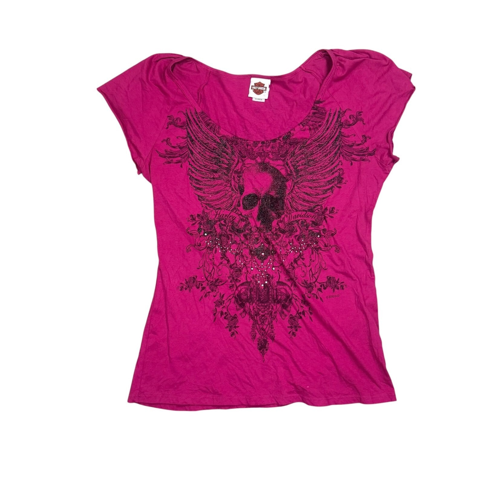 Harley Davidson Y2K T-Shirt Skull Wings Graphic Pink Medium