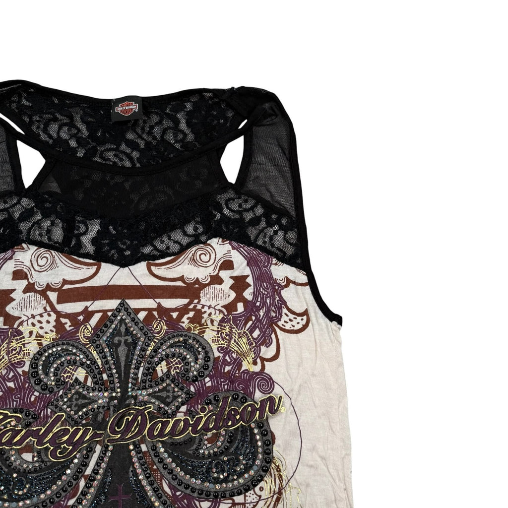 Harley-Davidson Y2K Tank Top Lace Rhinestone Cream Black Graphic Large