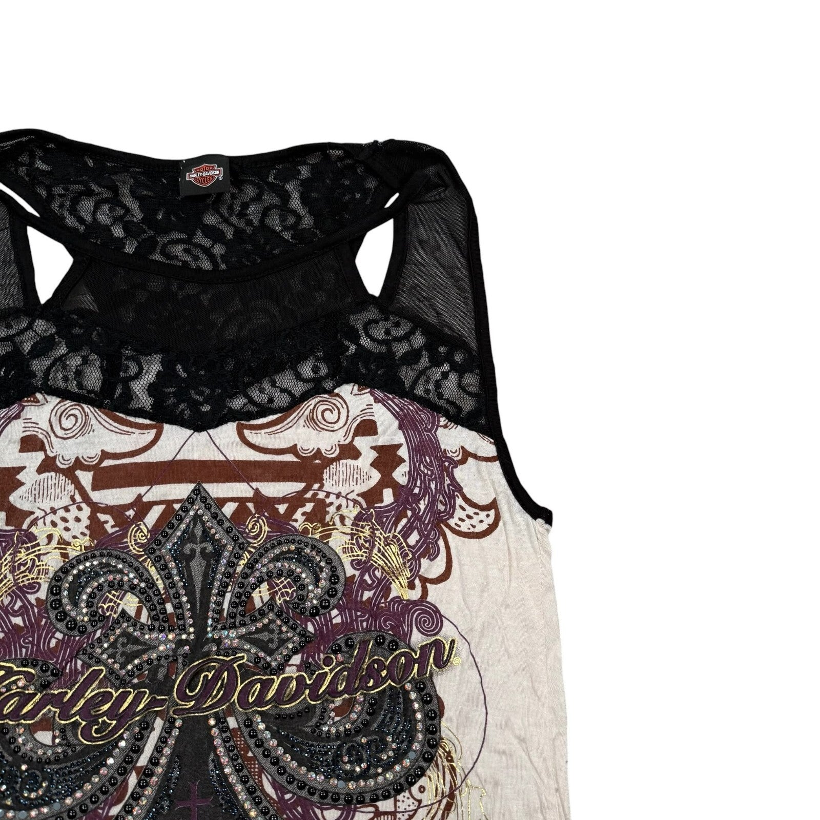 Harley-Davidson Y2K Tank Top Lace Rhinestone Cream Black Graphic Large