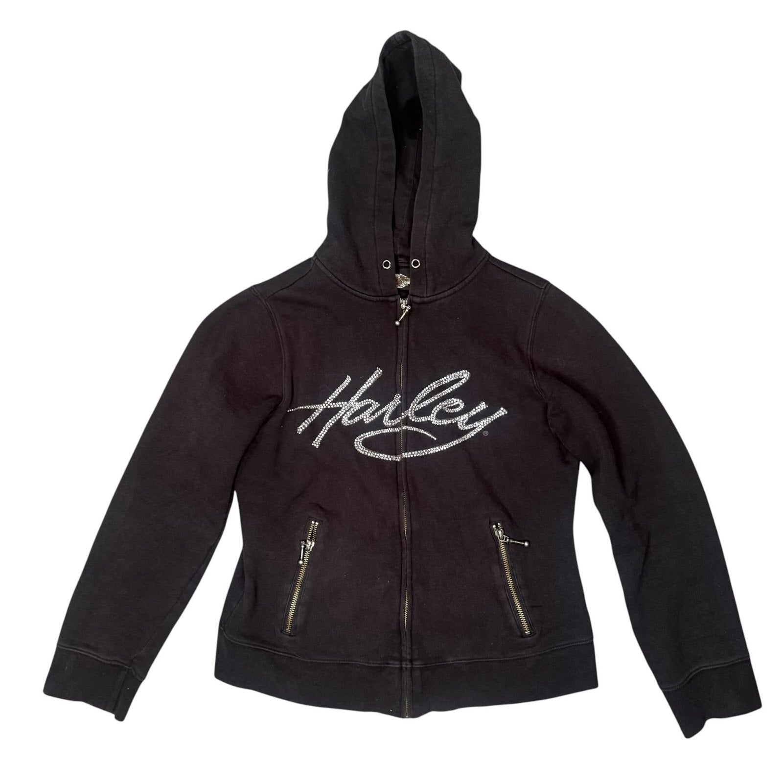 Harley-Davidson Y2K Hooded Jacket Zip Up Rhinestone Black Small