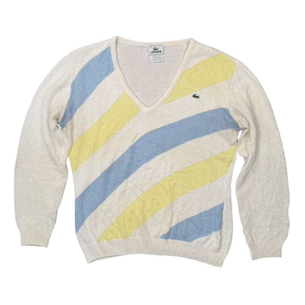 Lacoste Y2K V-Neck Knit Jumper Cream Cotton Blue Yellow Large