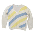 Lacoste Y2K V-Neck Knit Jumper Cream Cotton Blue Yellow Large