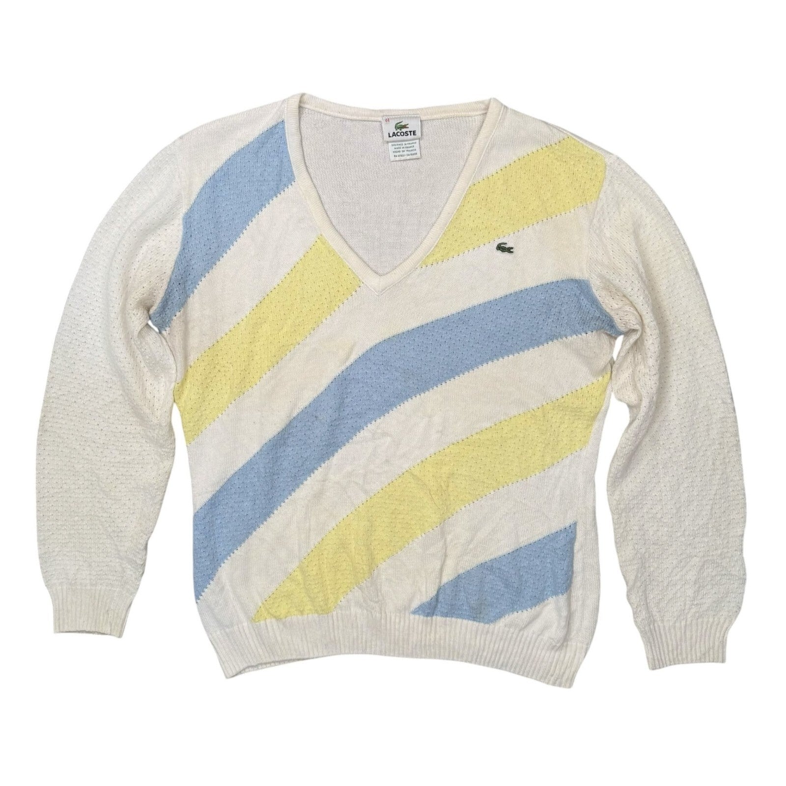 Lacoste Y2K V-Neck Knit Jumper Cream Cotton Blue Yellow Large