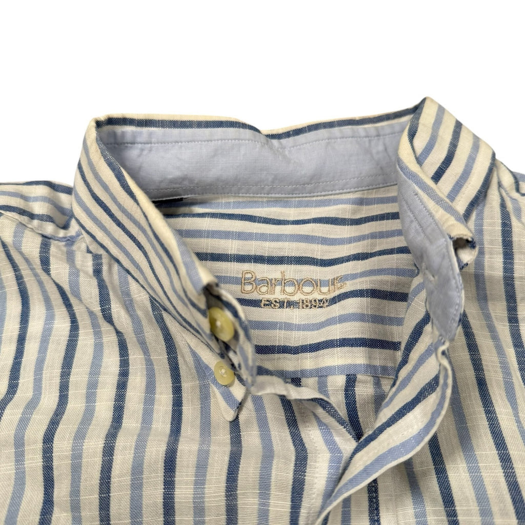 Barbour Button Down Shirt Long Sleeve Blue and White Striped Large