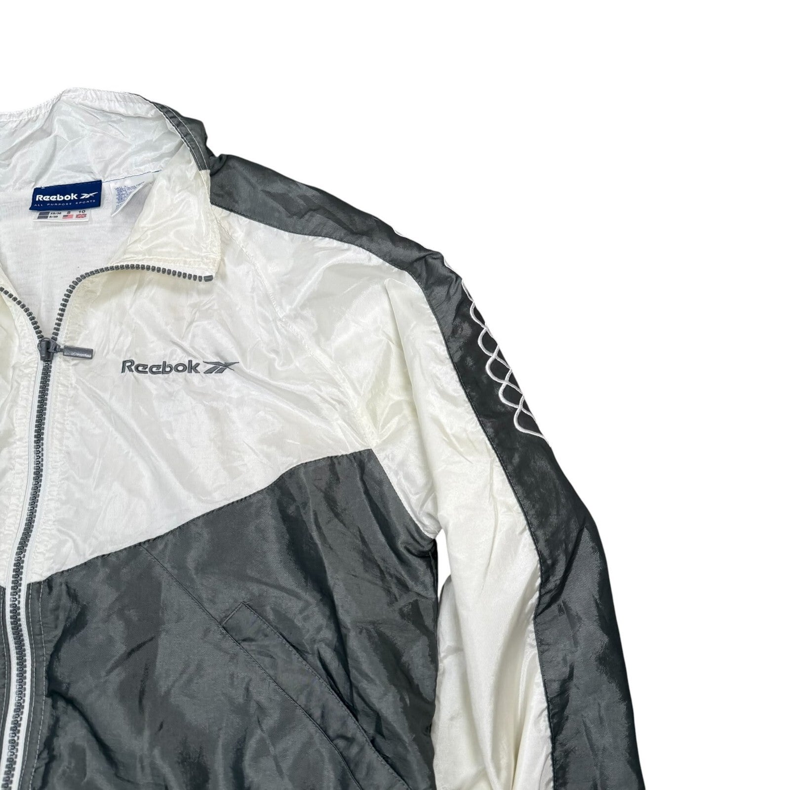 Reebok Vintage Y2K Windbreaker Jacket Full Zip Up White Grey Medium
