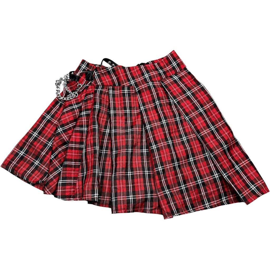 Tartan Y2K Pleated Mini Skirt Chain Punk Goth Plaid Red Black Waist 26 in