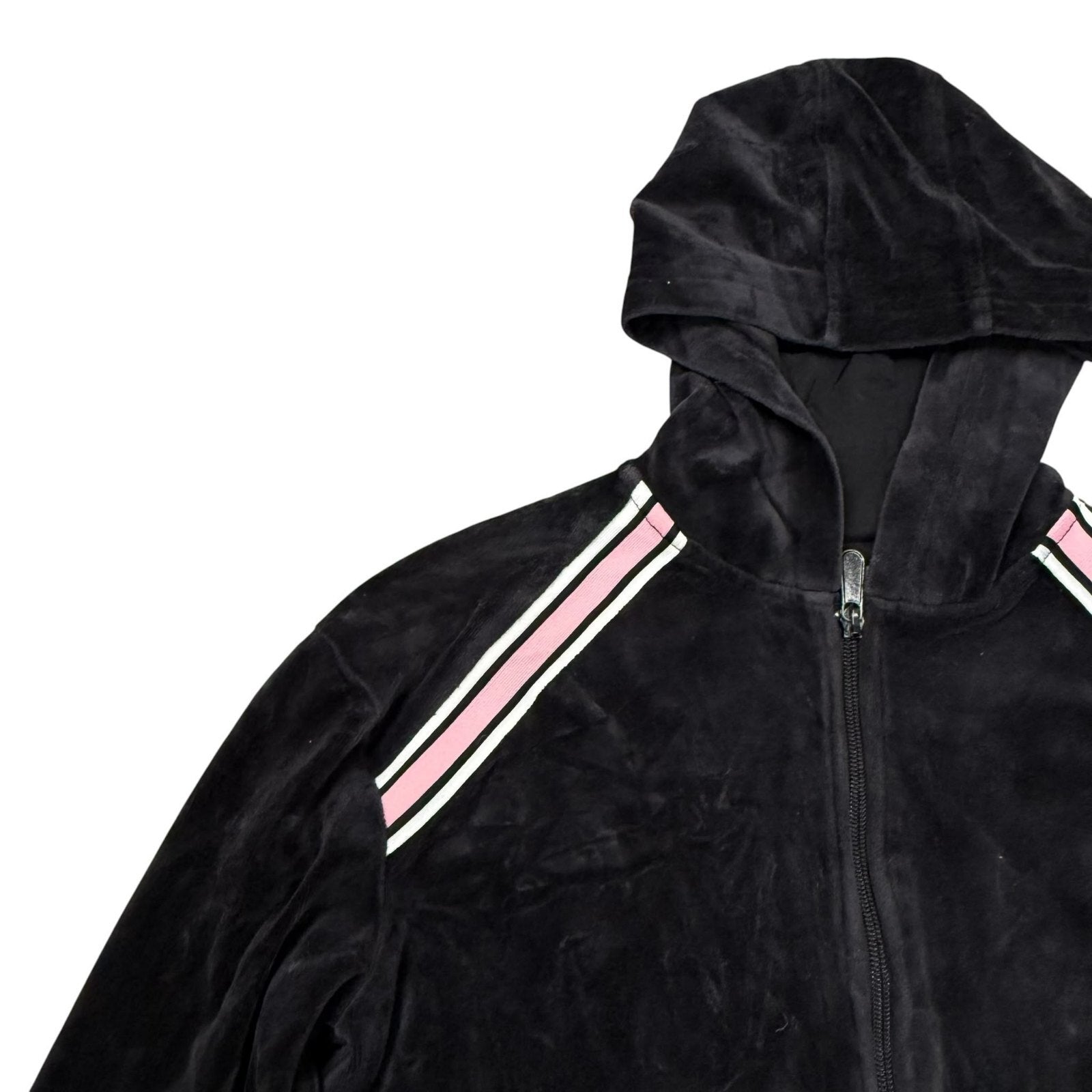Nike Y2K Zip Up Hoodie Track Jacket Black Velour Pink Stripe Size 8-10