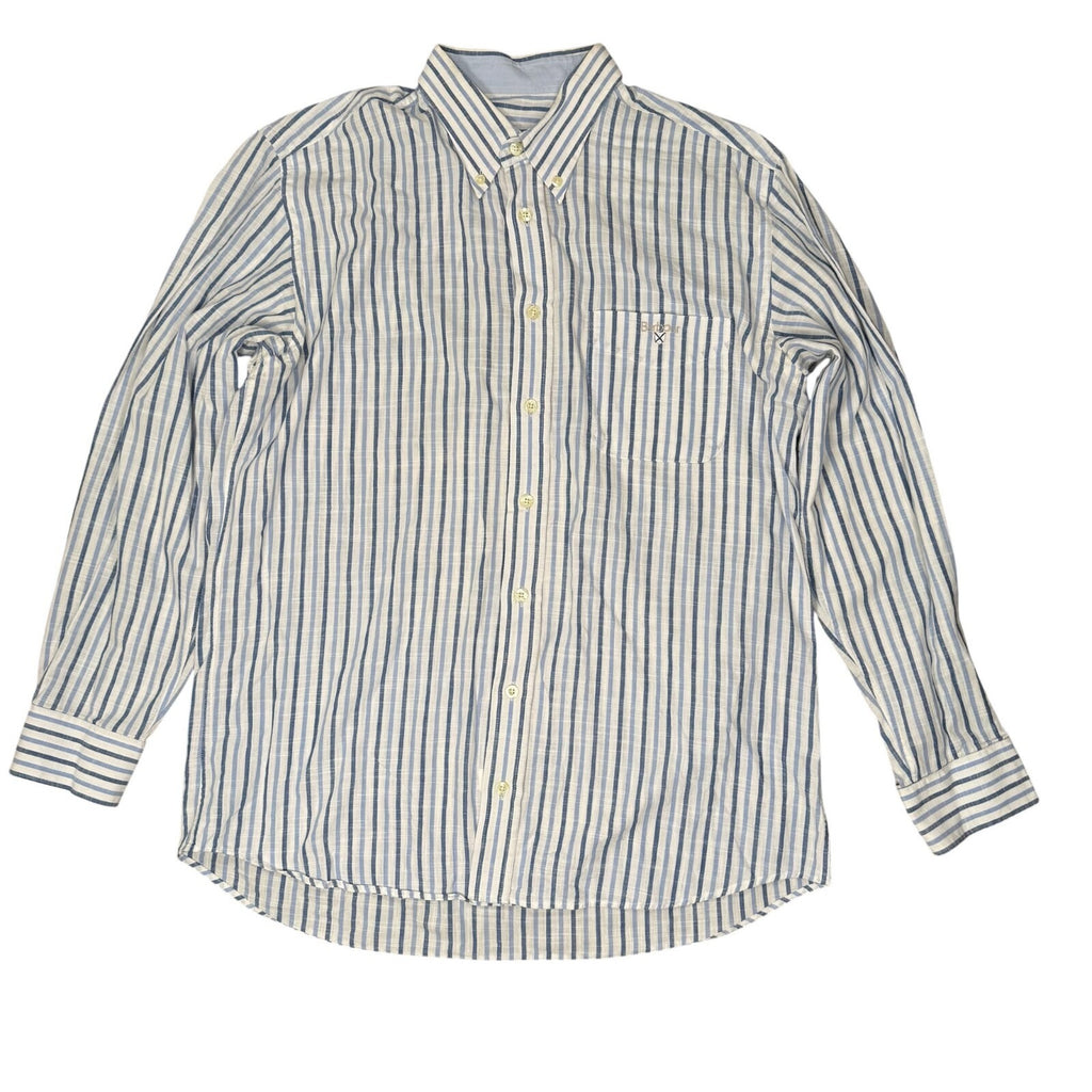 Barbour Button Down Shirt Long Sleeve Blue and White Striped Large