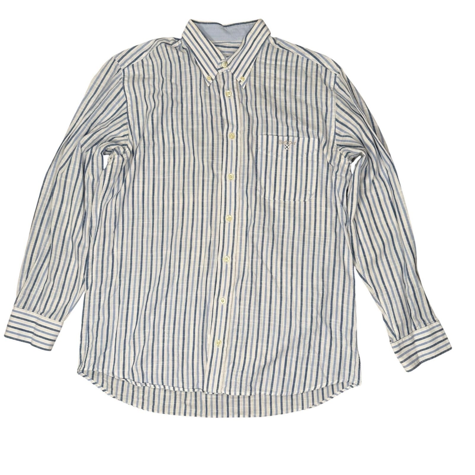 Barbour Button Down Shirt Long Sleeve Blue and White Striped Large