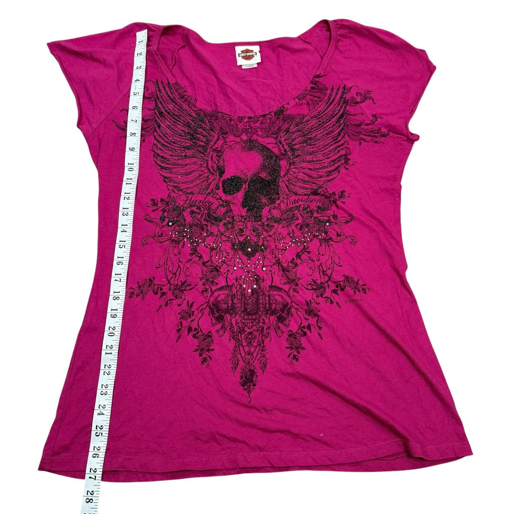 Harley Davidson Y2K T-Shirt Skull Wings Graphic Pink Medium