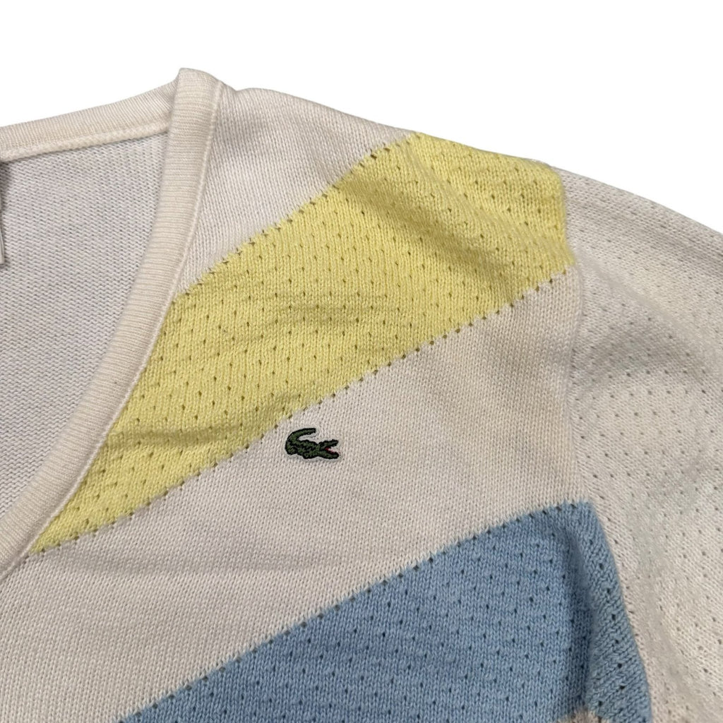 Lacoste Y2K V-Neck Knit Jumper Cream Cotton Blue Yellow Large