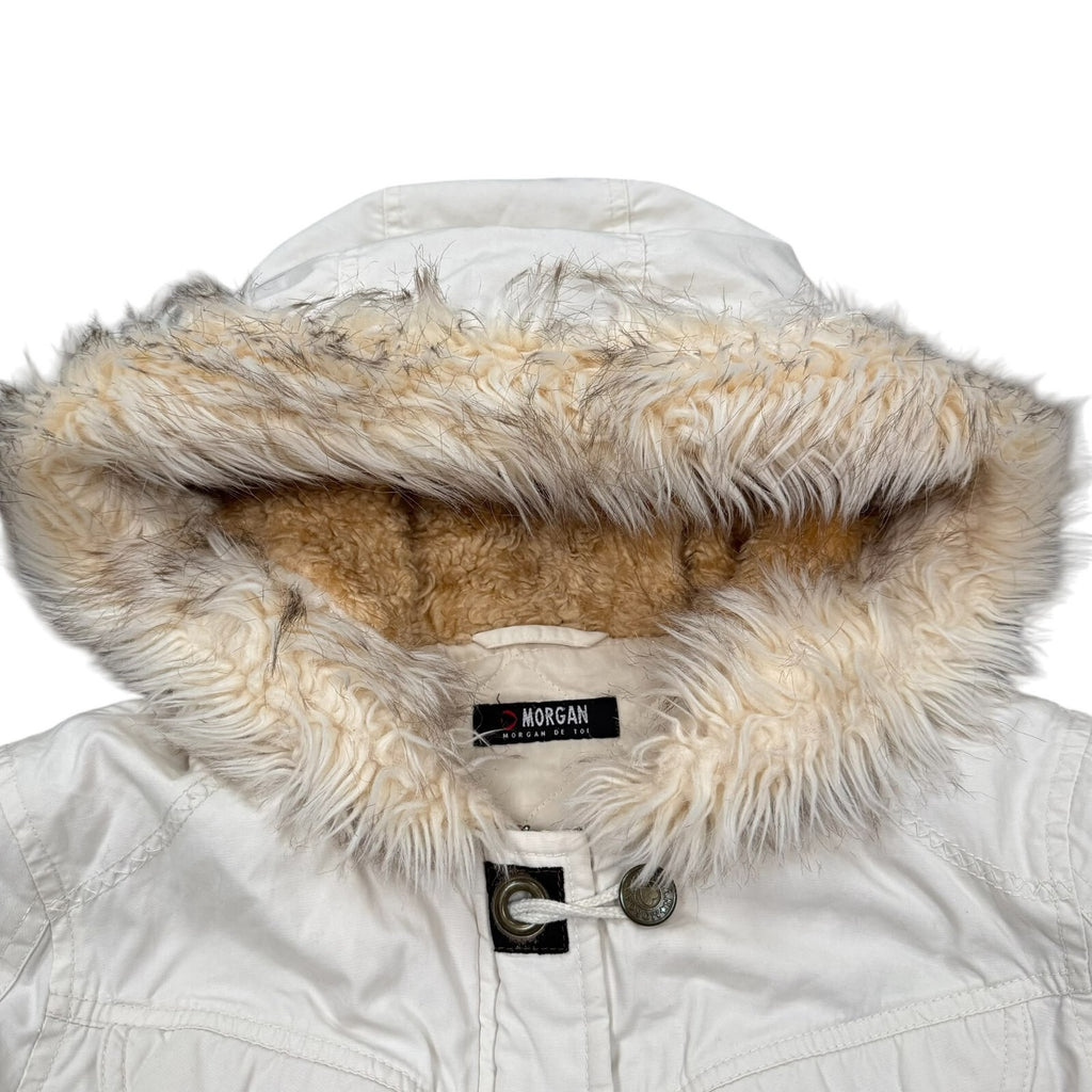 Morgan Vintage Y2K Hooded Jacket Ribbed Cream Faux Fur Small