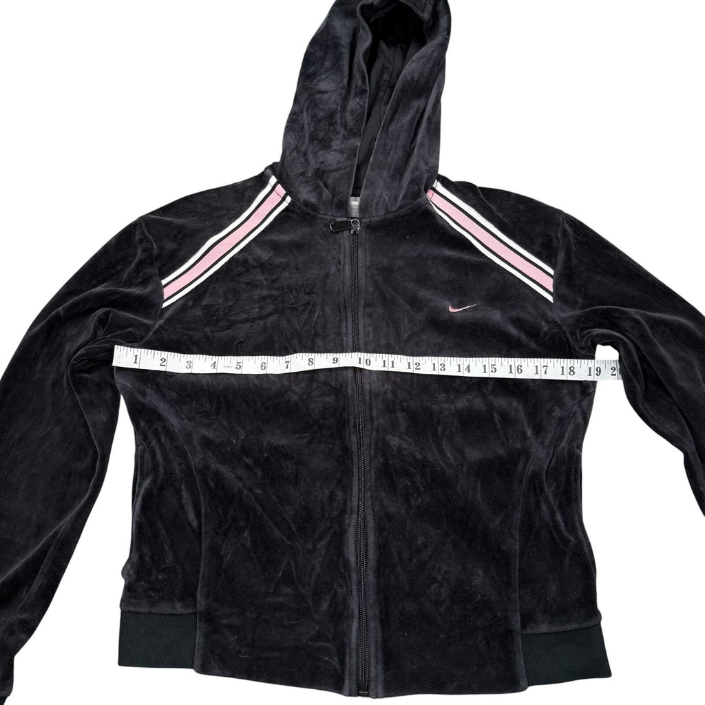 Nike Y2K Zip Up Hoodie Track Jacket Black Velour Pink Stripe Size 8-10