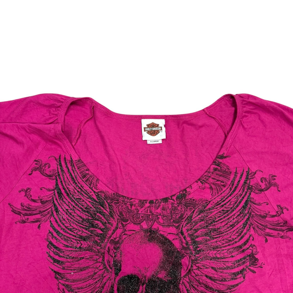 Harley Davidson Y2K T-Shirt Skull Wings Graphic Pink Medium